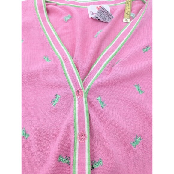 Quacker Factory Pink Silk Cotton Green Grasshoppers Cardigan Sweater Size Small - Picture 8 of 8